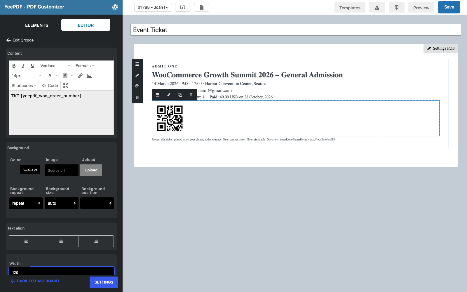 The Qrcode element selected with TKT-8448 as its content and width 120