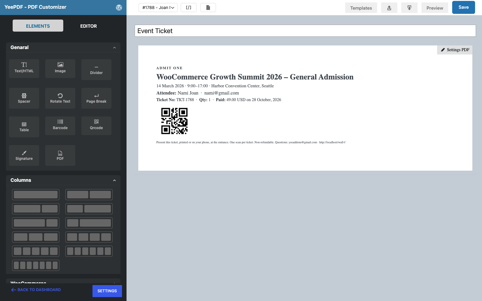 The finished Event Ticket template in the builder: event block, attendee block, QR code and conditions