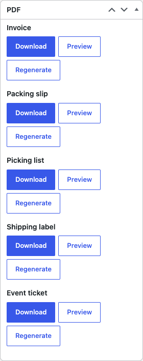 The PDF box on the order screen with the Event ticket entry