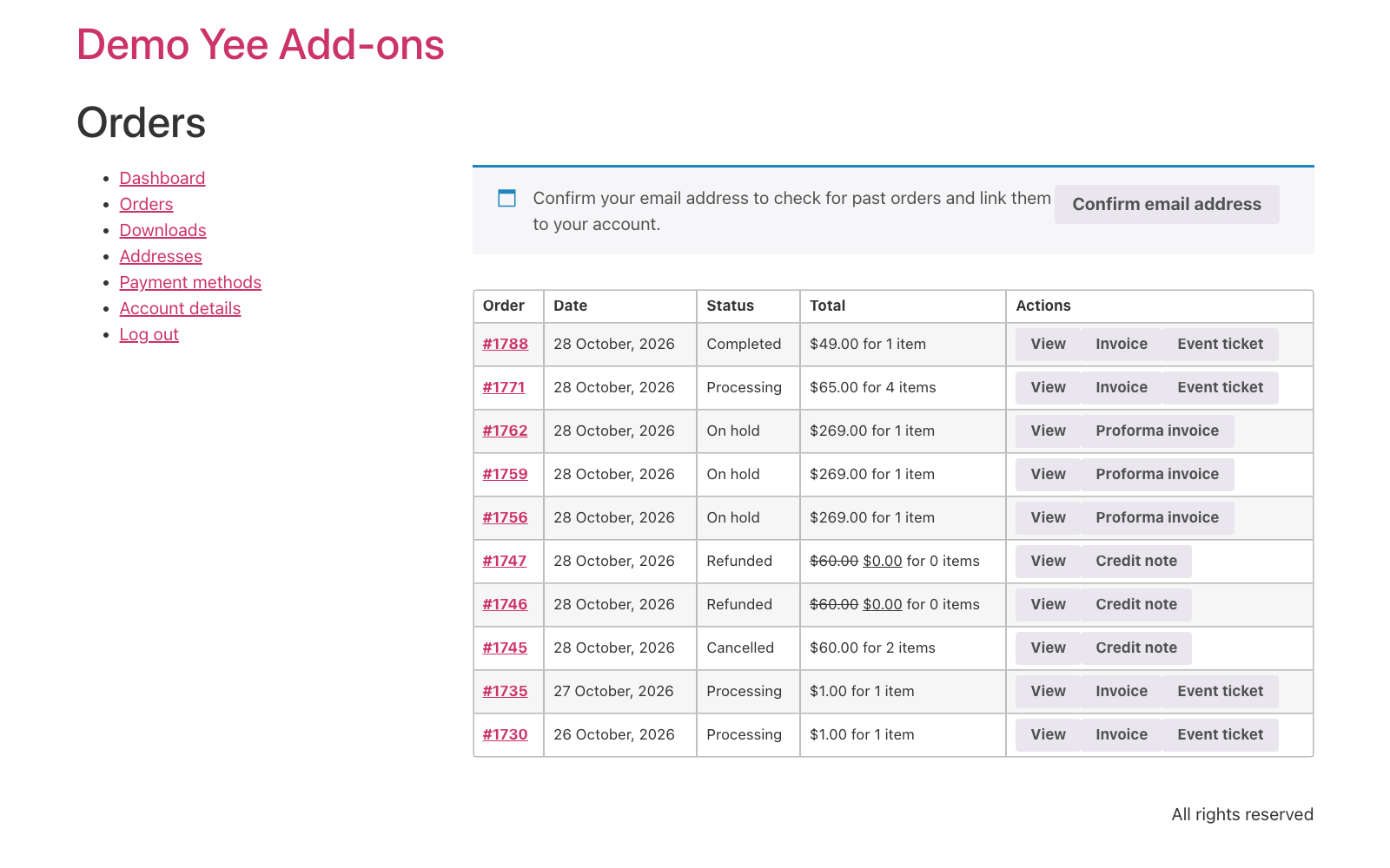 My Account Orders list with an Event ticket button next to the completed order