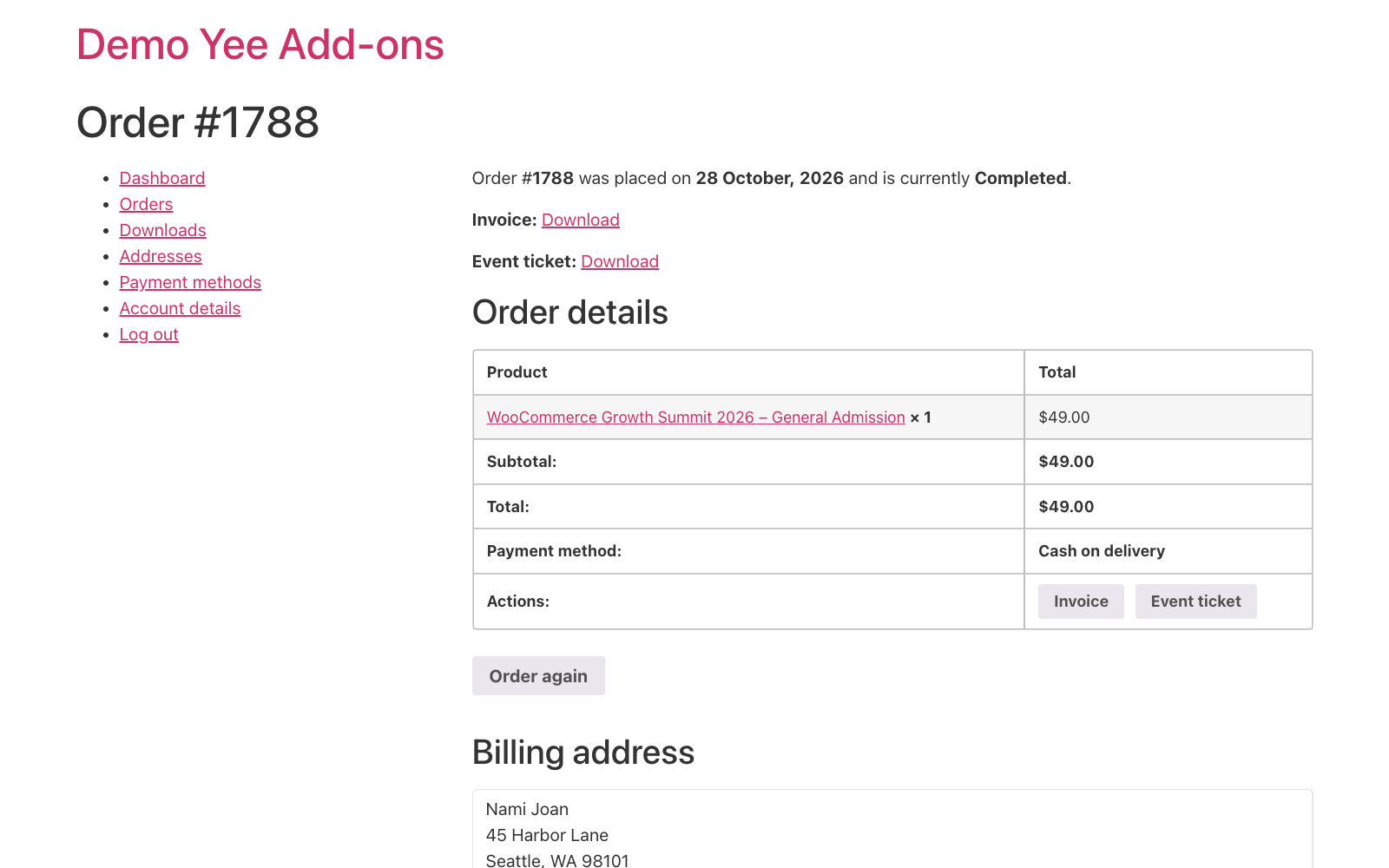 The My Account order page with the Event ticket download link