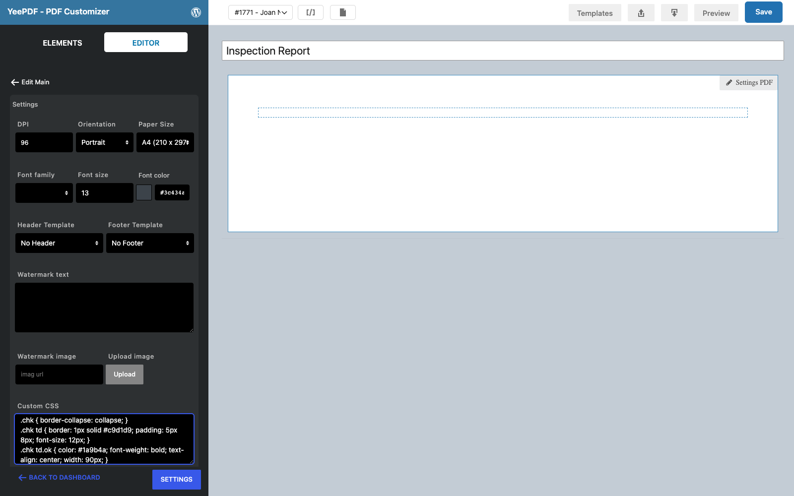 The Settings PDF panel with the checklist Custom CSS