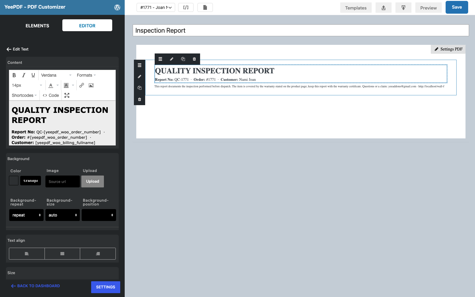 The title Text element selected with QUALITY INSPECTION REPORT and the report number