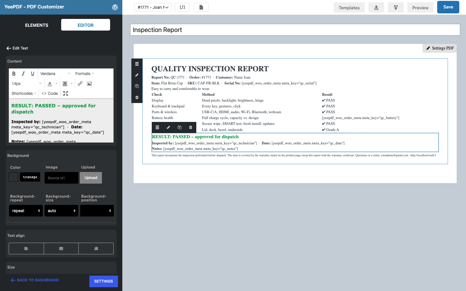 The result Text element selected with the PASSED line, technician, date and notes merge tags