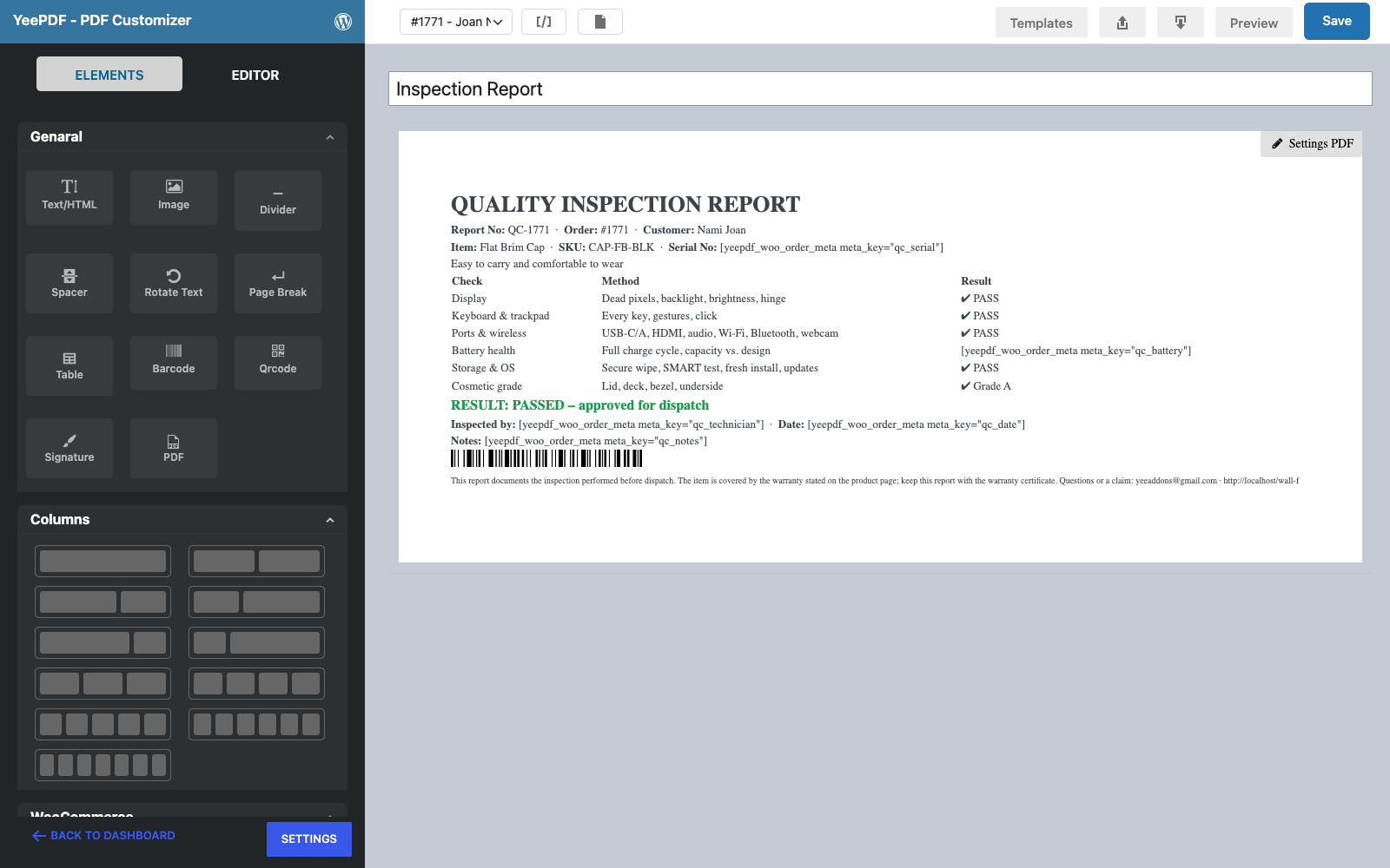 The finished Inspection Report template: title, item, checklist, result, barcode and footer
