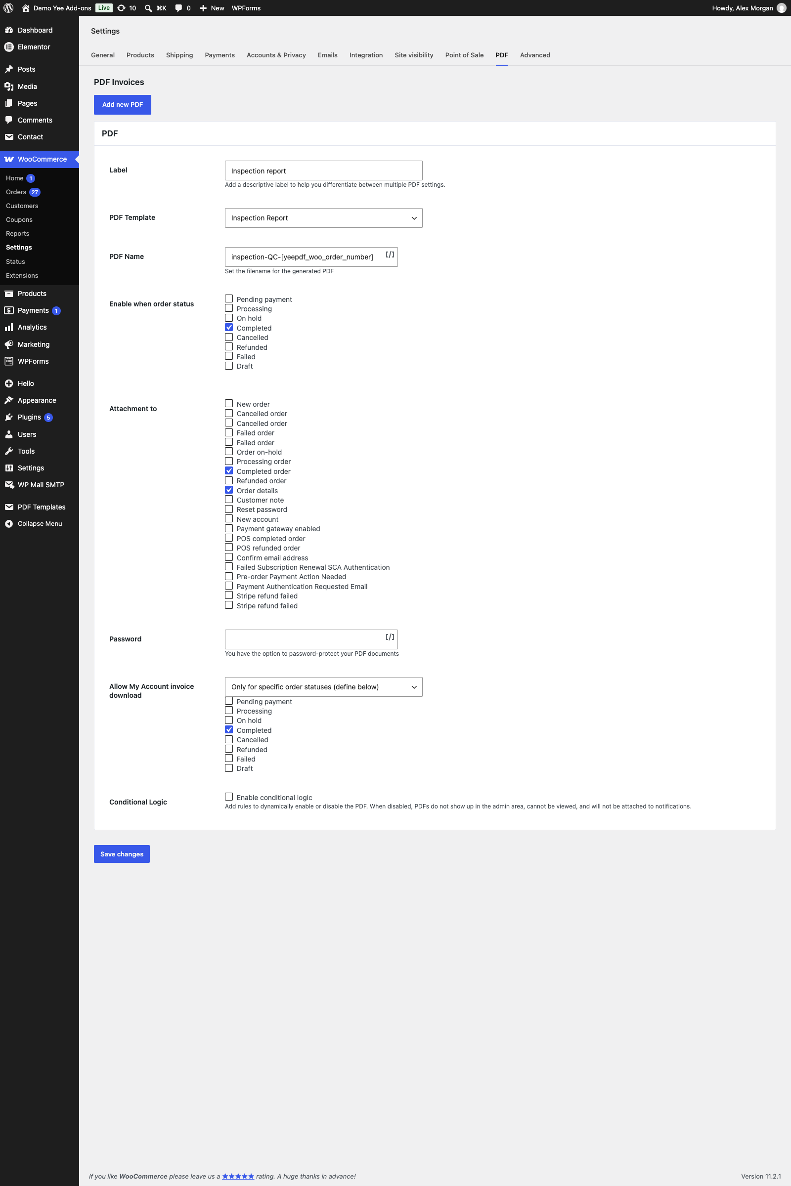 The PDF setting for the inspection report: label Inspection report, template Inspection Report, file name inspection-QC-8448, status Completed, attached to the completed order email and order details, My Account download for completed orders
