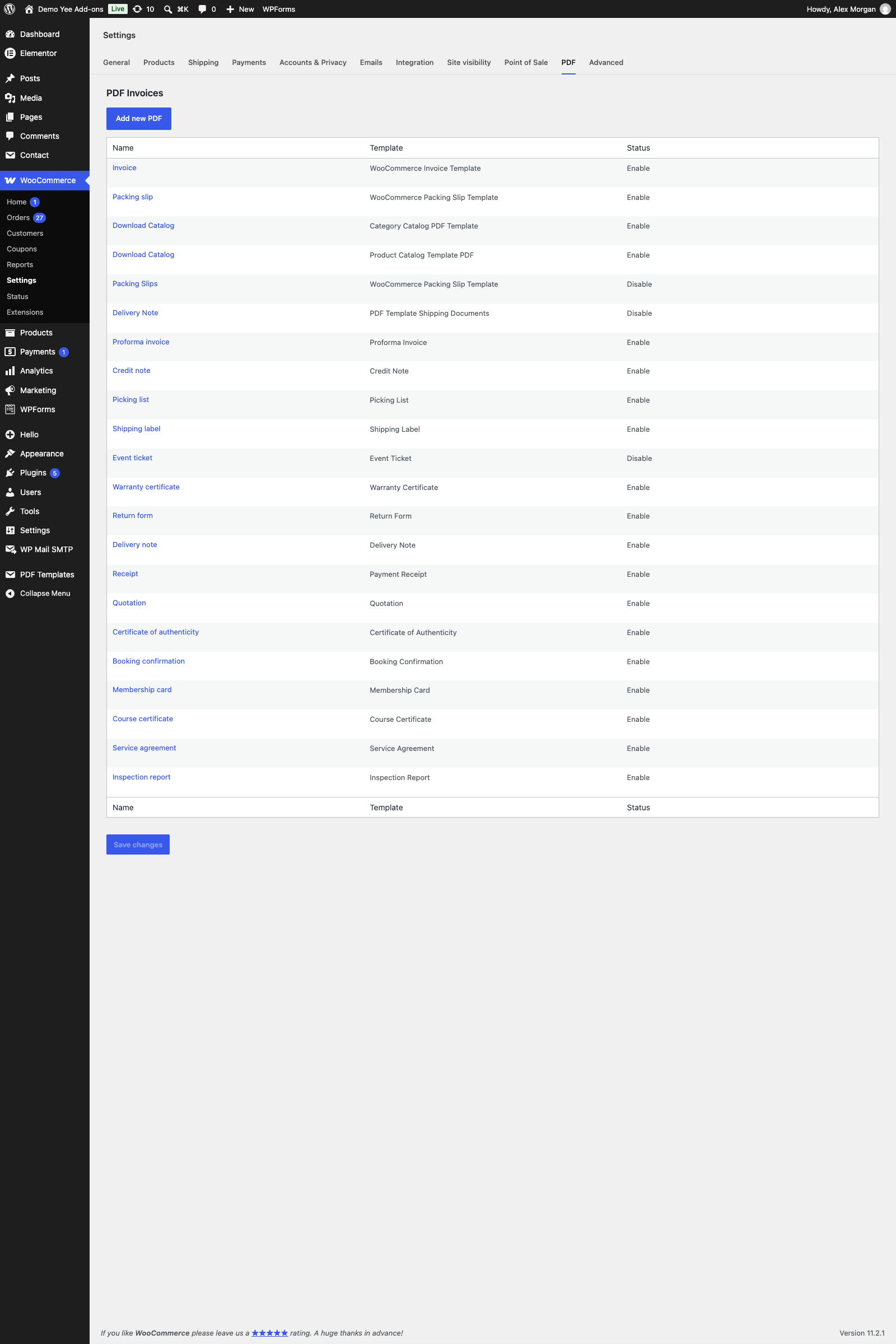 The PDF settings list with the Inspection report row