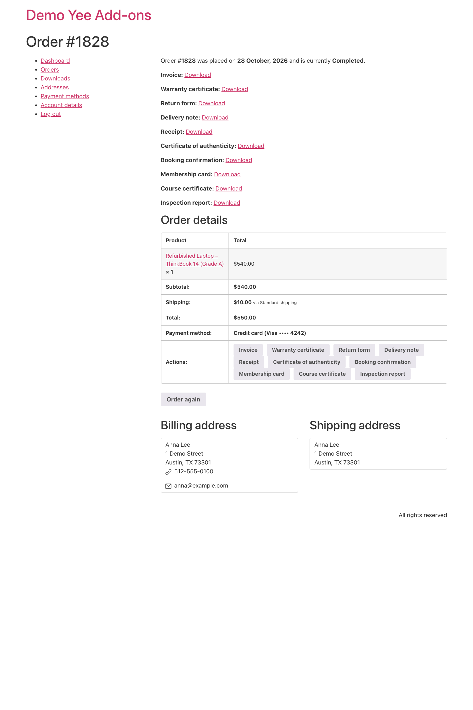 The My Account order page with the Inspection report download link