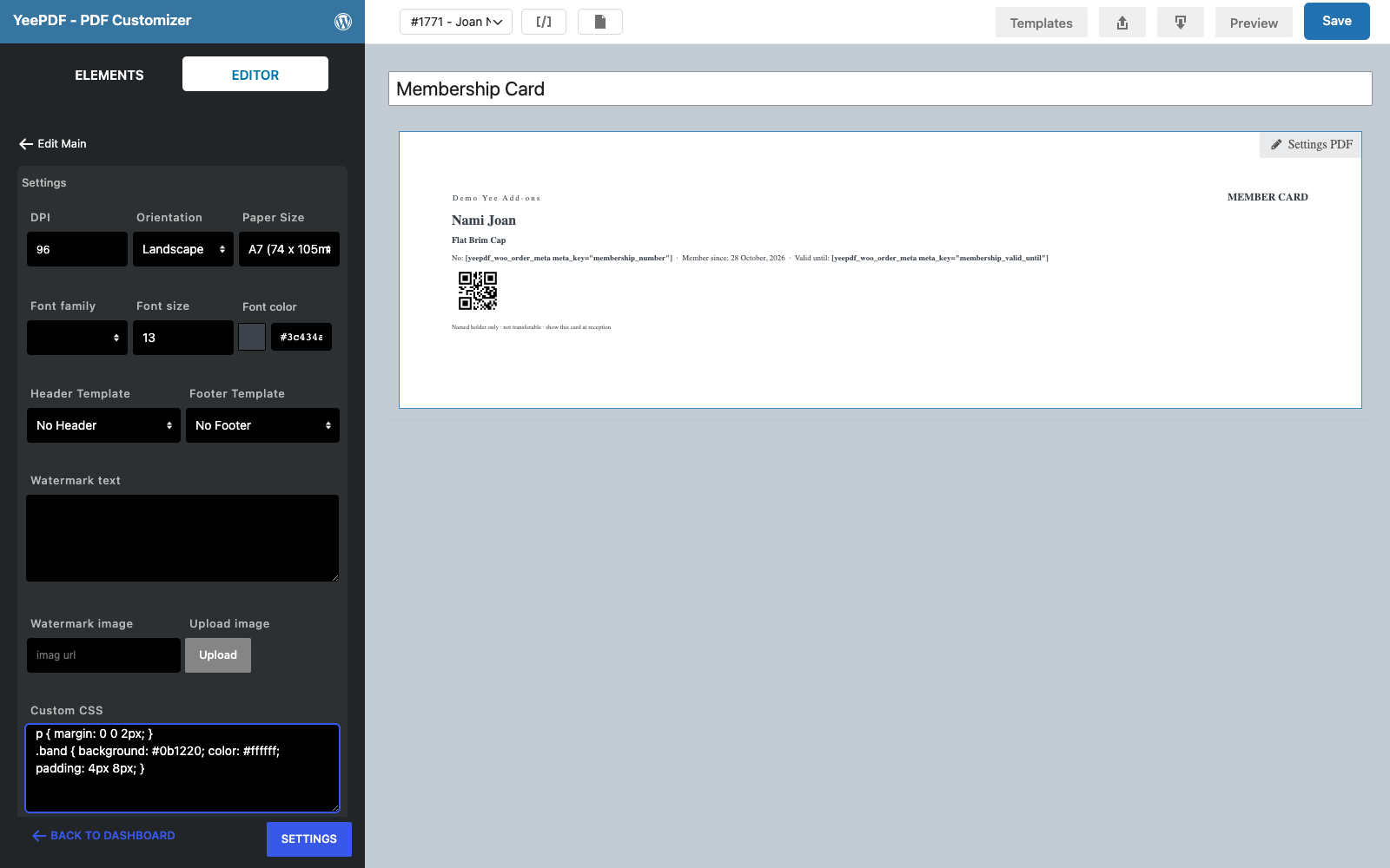 The Settings PDF panel with Orientation Landscape, Paper Size A7 and the Custom CSS