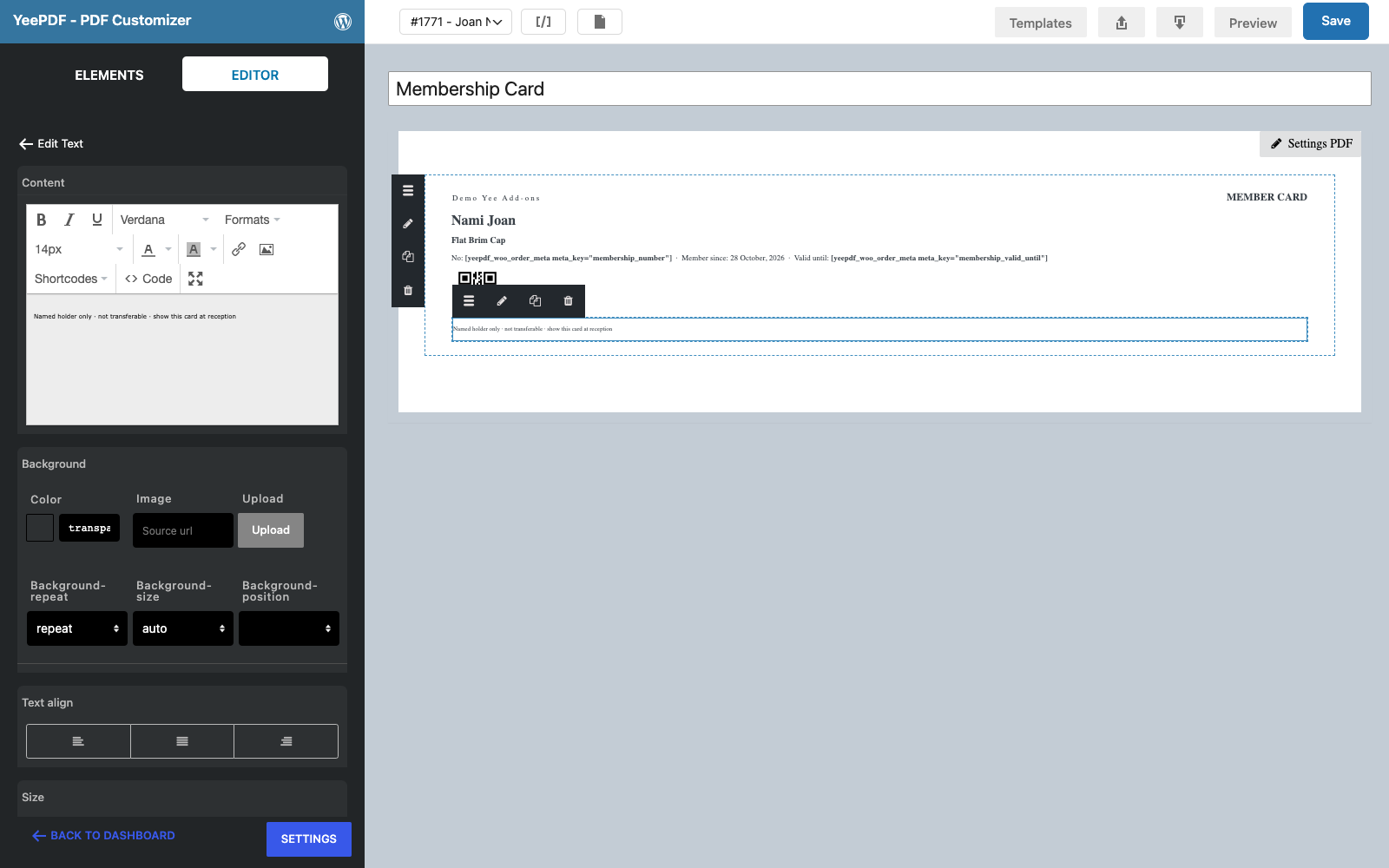 The footer Text element selected with the holder-only notice