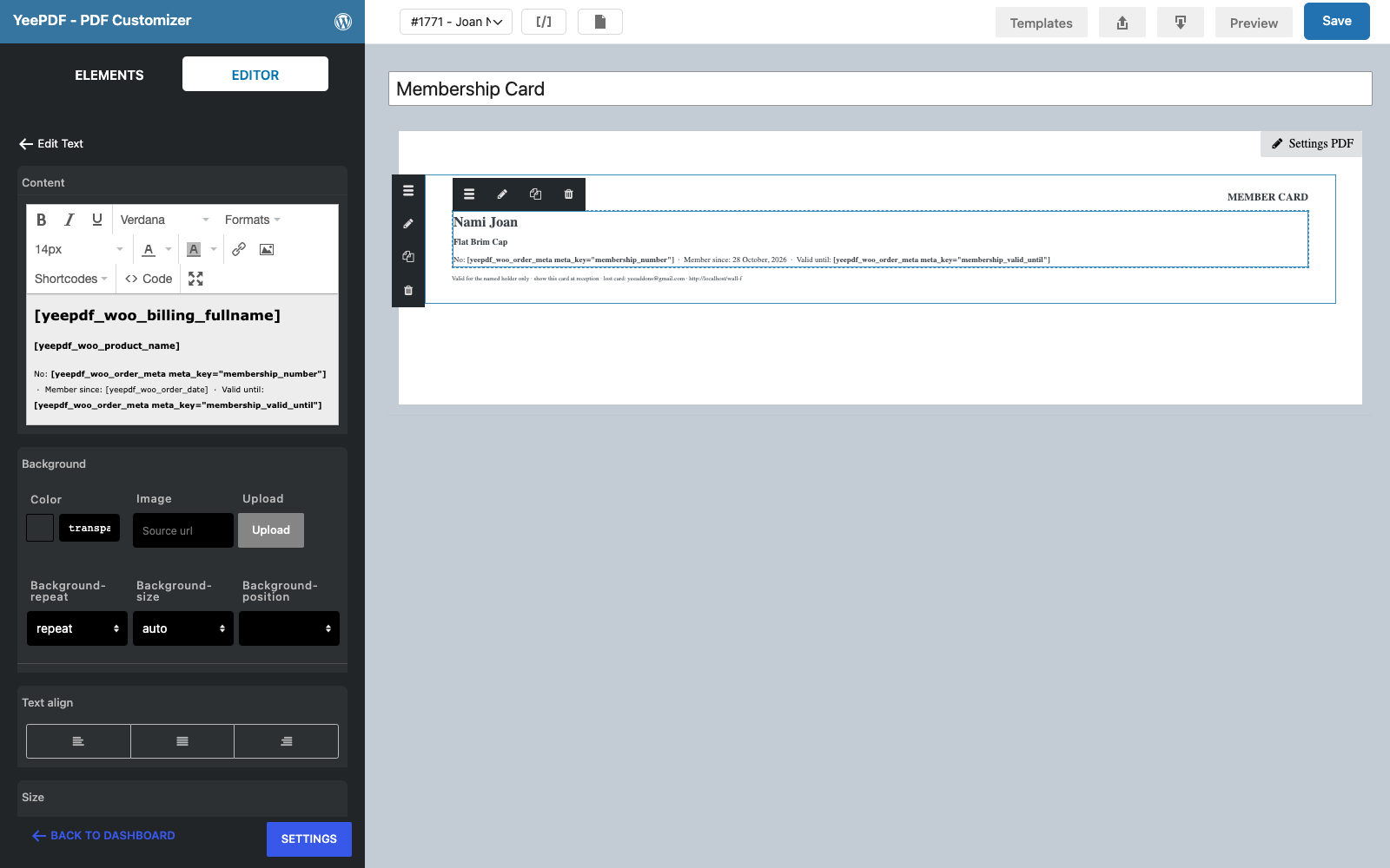 The member Text element selected with the name, plan, member number, member-since and valid-until merge tags