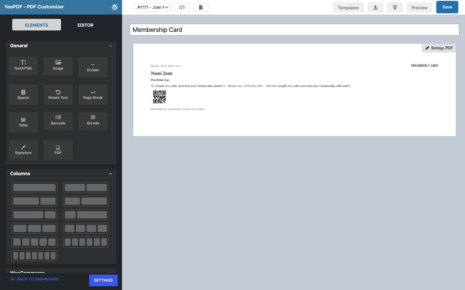 The finished Membership Card template in the builder: band, member block, QR code and footer