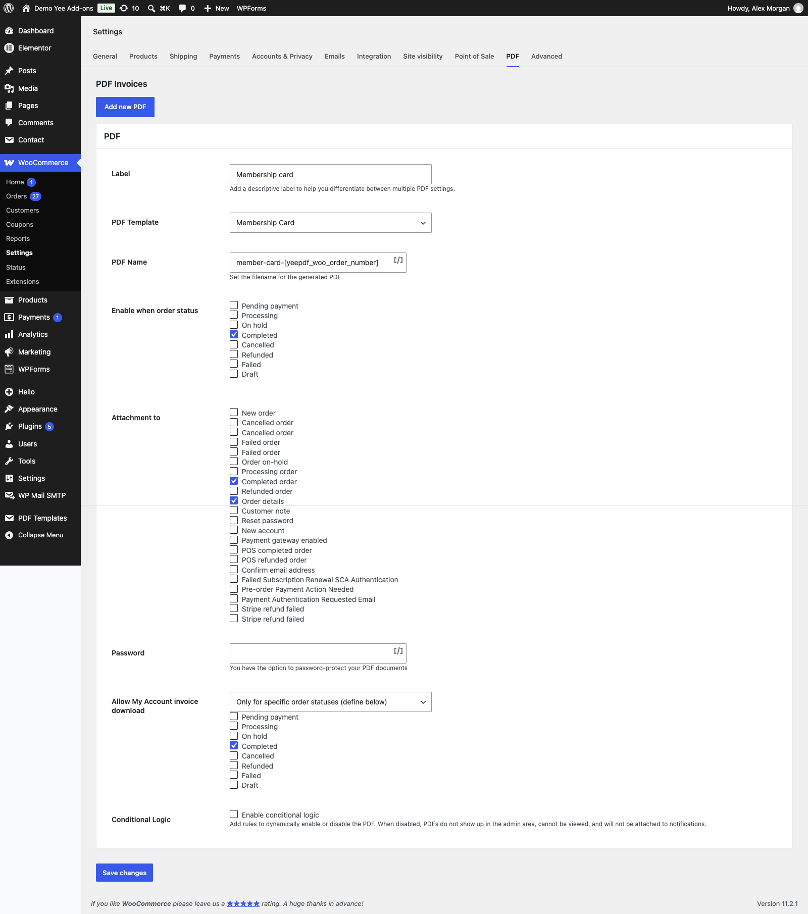 The PDF setting for the membership card: label Membership card, template Membership Card, file name member-card-8448, status Completed, attached to the completed order email and order details, My Account download for completed orders