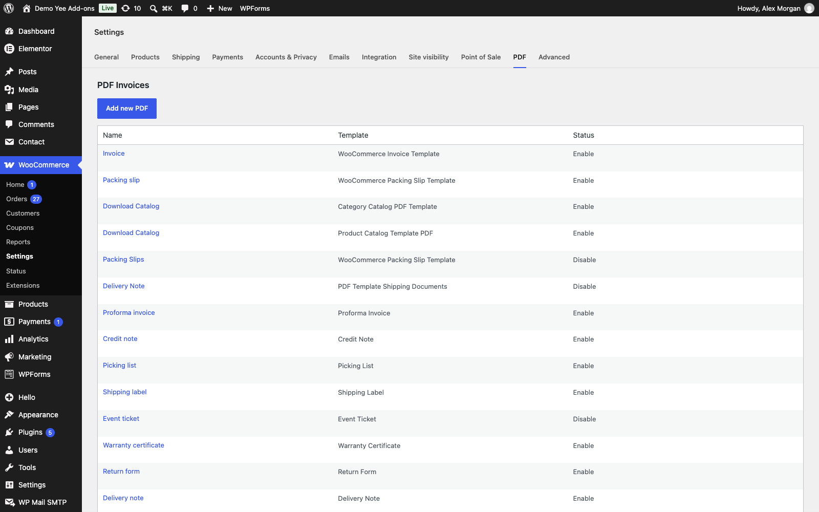 The PDF settings list with the Membership card row