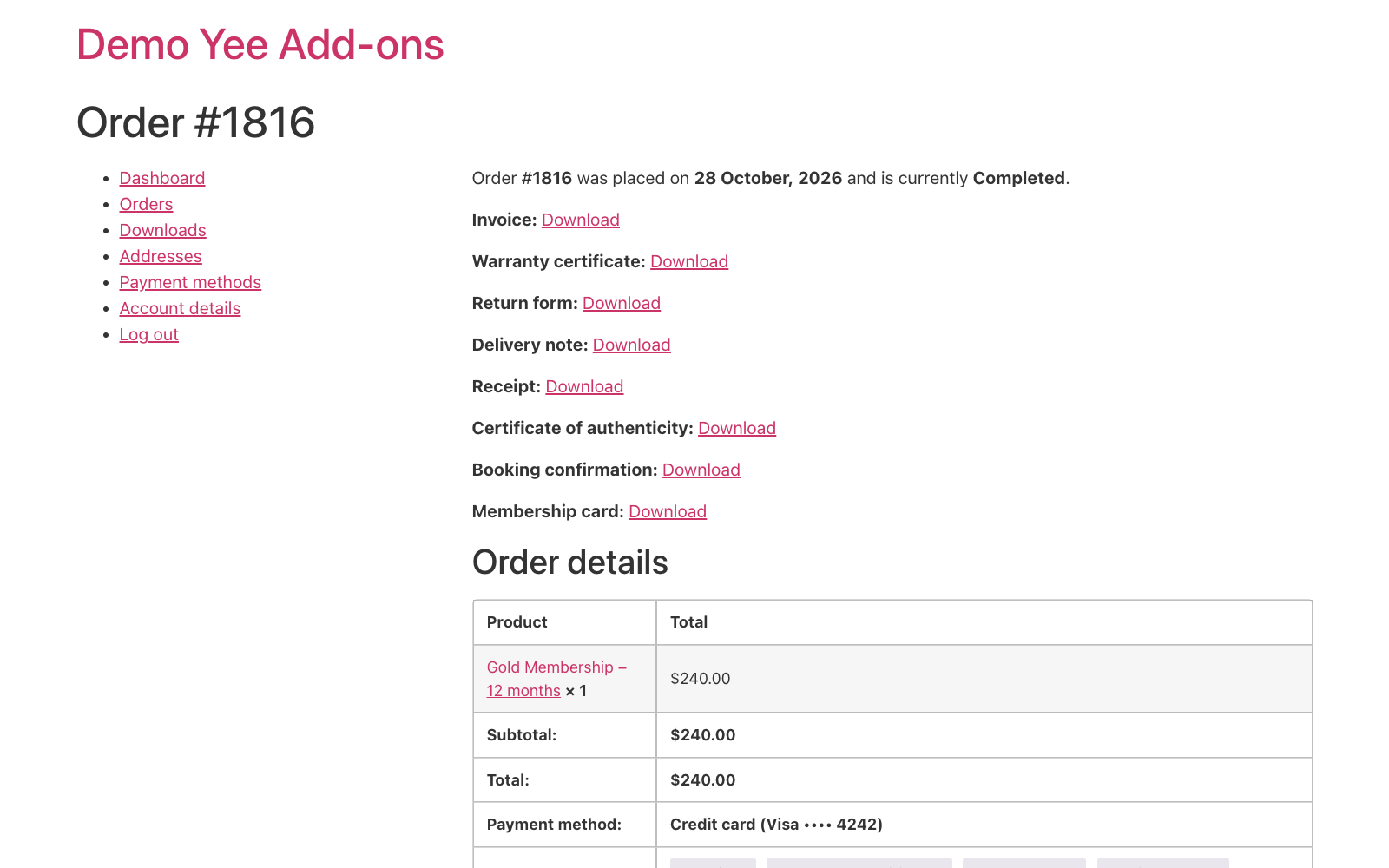The My Account order page with the Membership card download link
