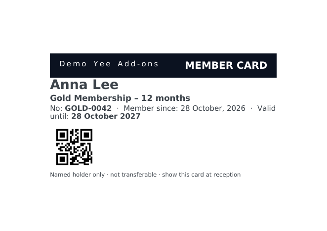 The generated A7 landscape membership card for order 1816: dark band with the store name and MEMBER CARD, Anna Lee, Gold Membership 12 months, number GOLD-0042, member since 28 October 2026, valid until 28 October 2027, a QR code and the holder-only notice