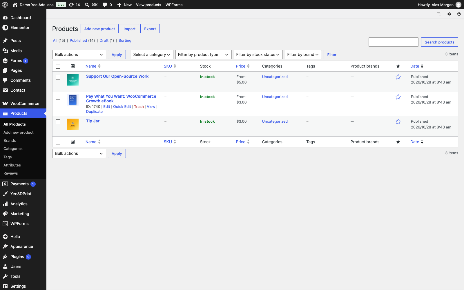 The Products list filtered on the Name Your Price product type, showing the three demo products with From: prices
