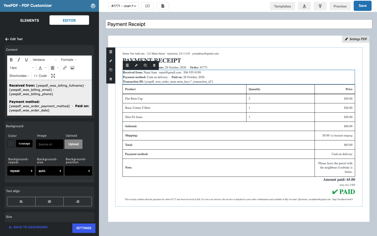 The payment Text element selected with the received from, payment method, paid on and transaction ID merge tags