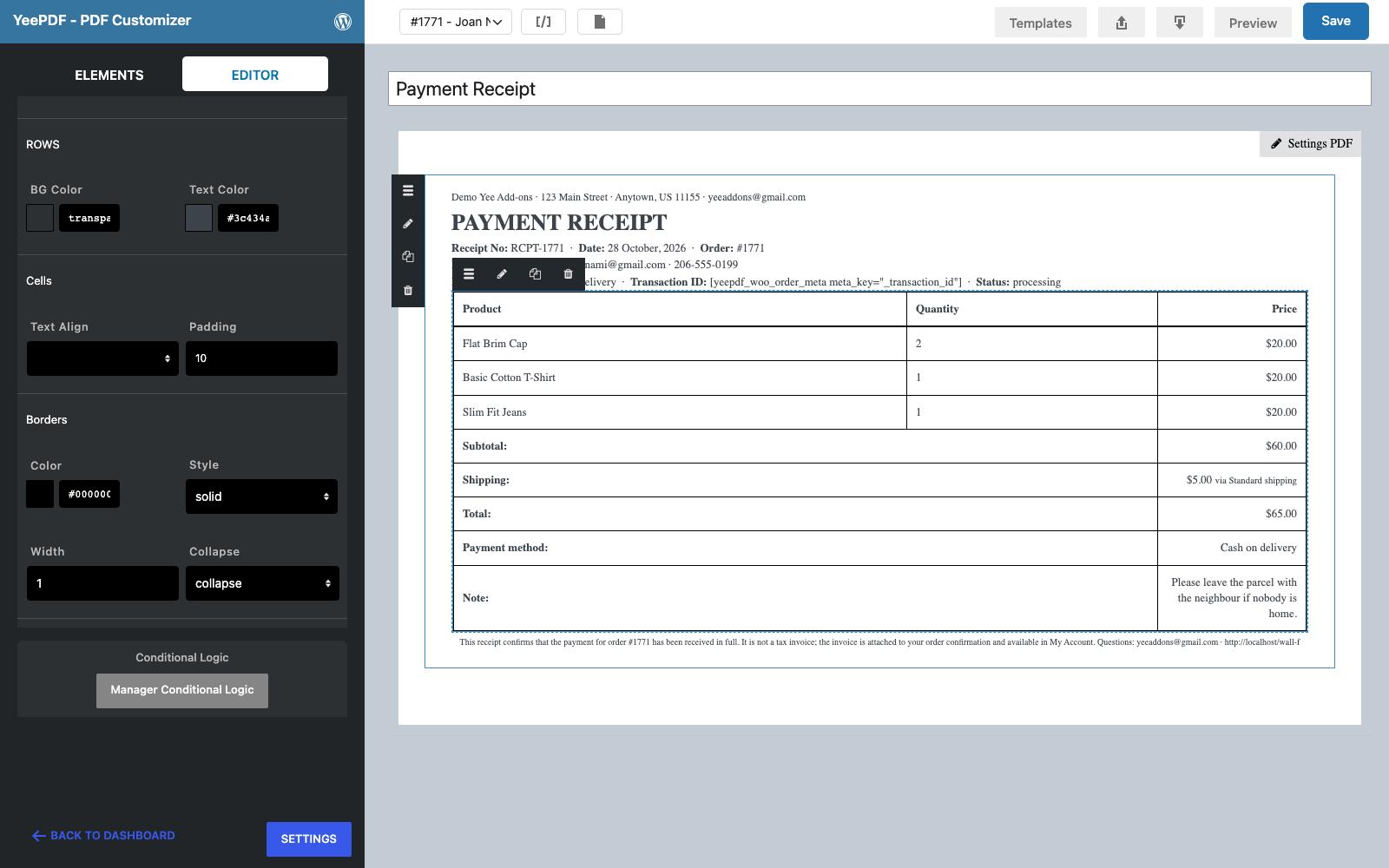 The Order Detail table selected with Show totals on and SKU, image and description off