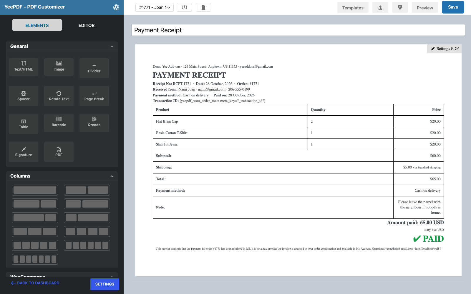 The finished Payment Receipt template in the builder: header, payment block, items table with totals, amount paid, PAID mark and footer