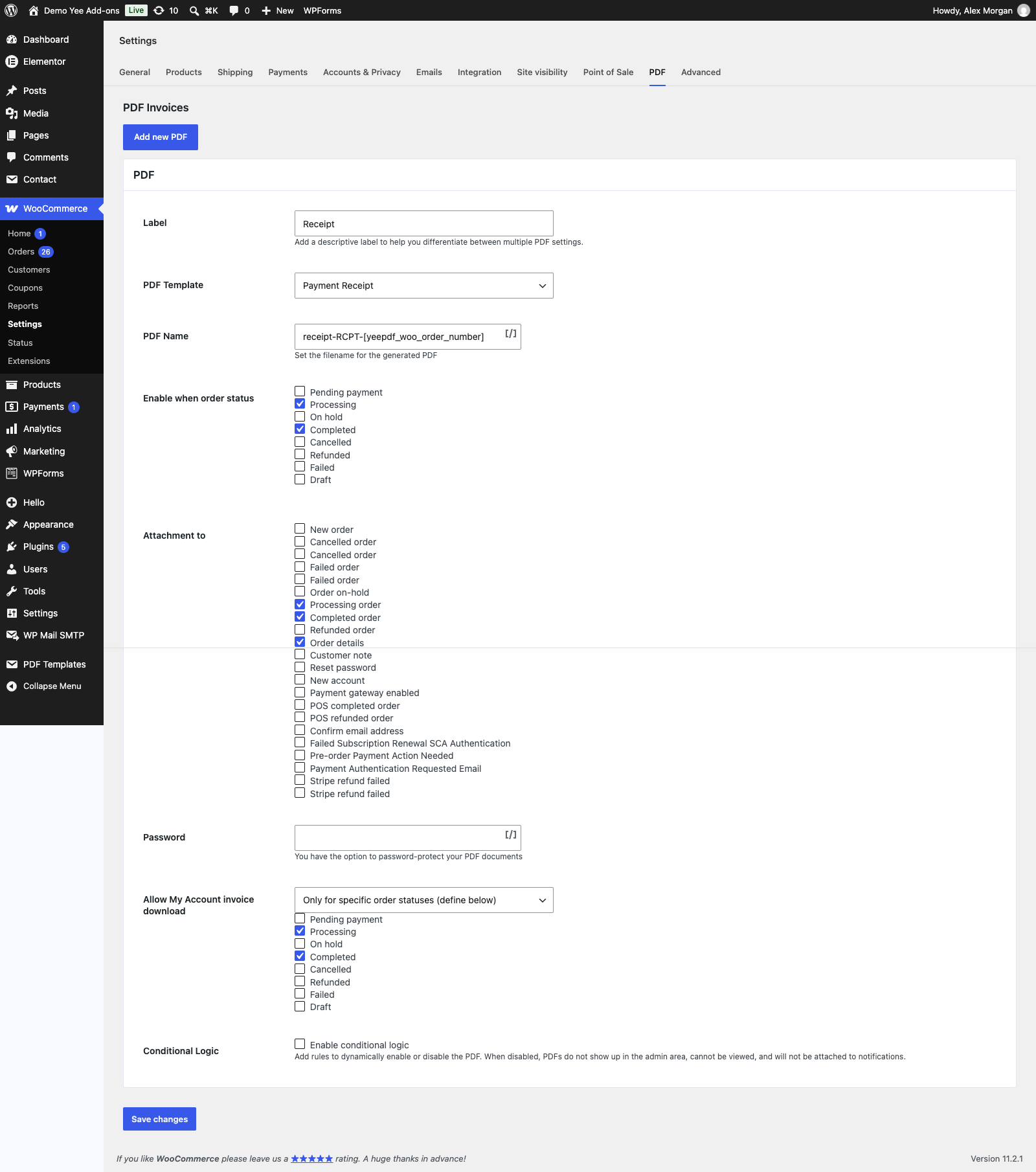 The PDF setting for the receipt: label Receipt, template Payment Receipt, file name receipt-RCPT-8448, statuses Processing and Completed, attached to the processing and completed order emails and order details, My Account download for processing and completed orders