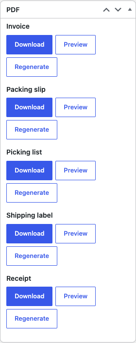 The PDF box on the order screen with the Receipt entry