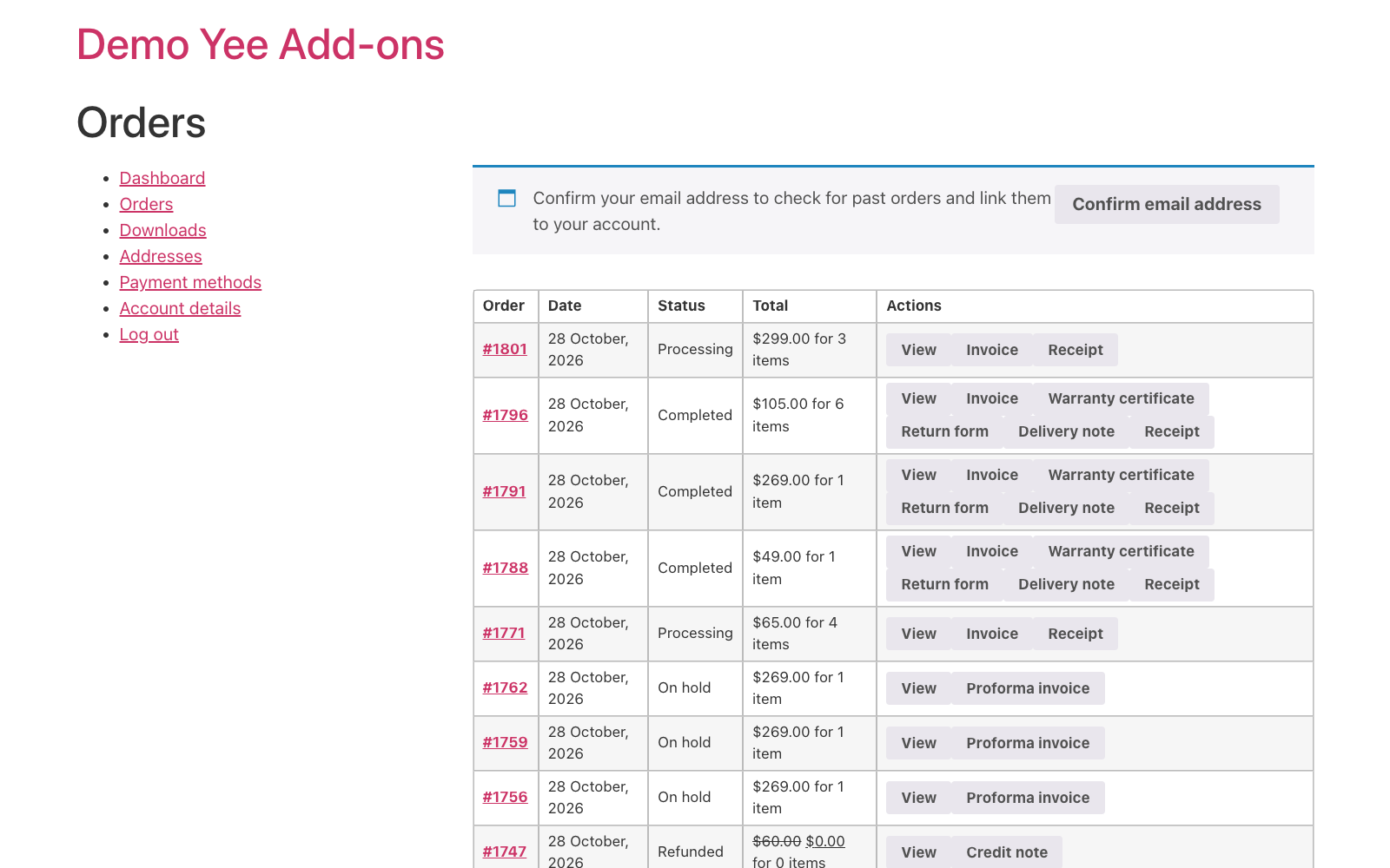 My Account Orders list with a Receipt button next to the processing and completed orders