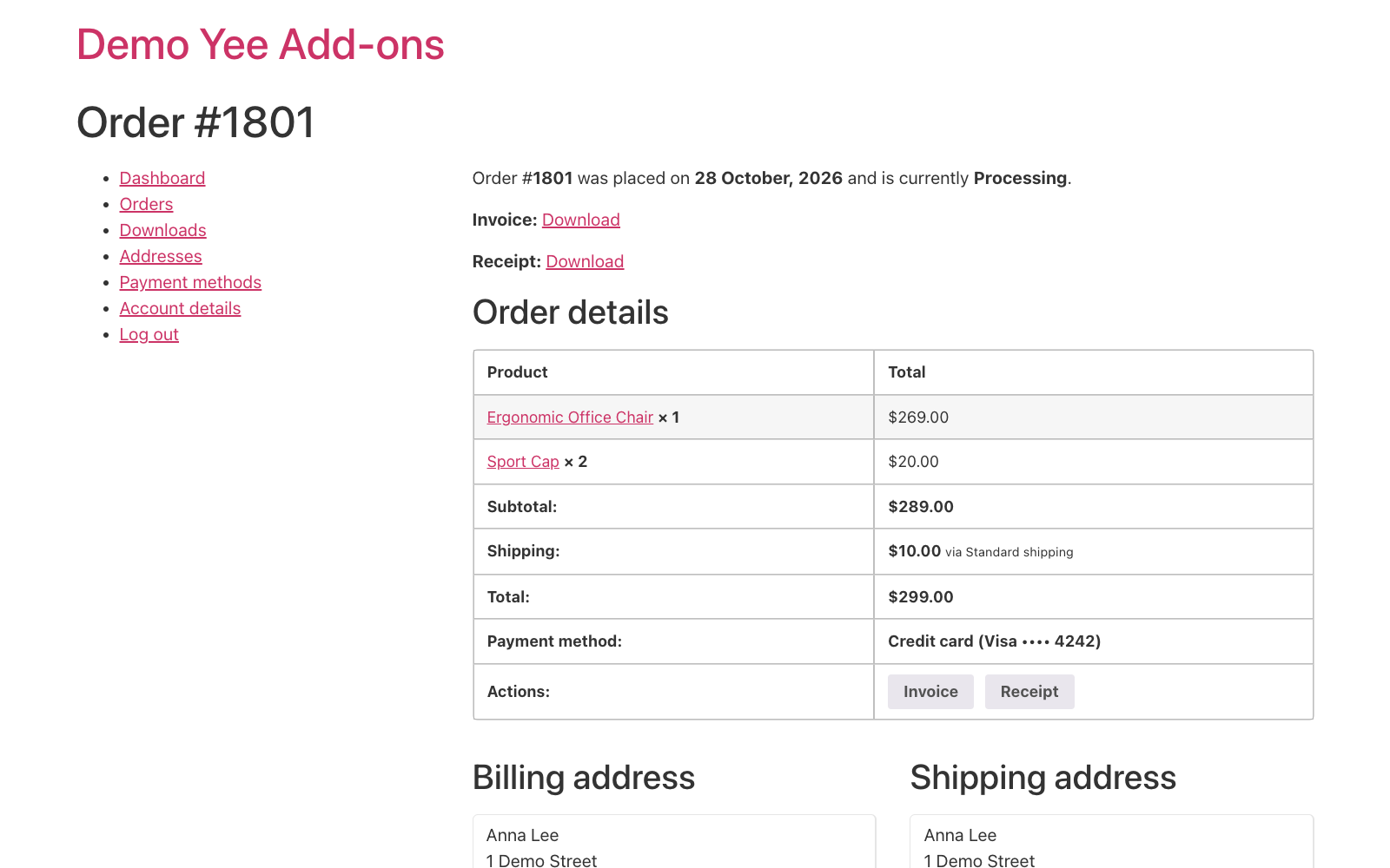 The My Account order page with the Receipt download link