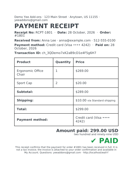The generated A5 receipt for order 1801: PAYMENT RECEIPT RCPT-1801, received from Anna Lee, credit card payment with transaction ID, the items and totals, amount paid 299.00 USD in figures and words and the green PAID mark